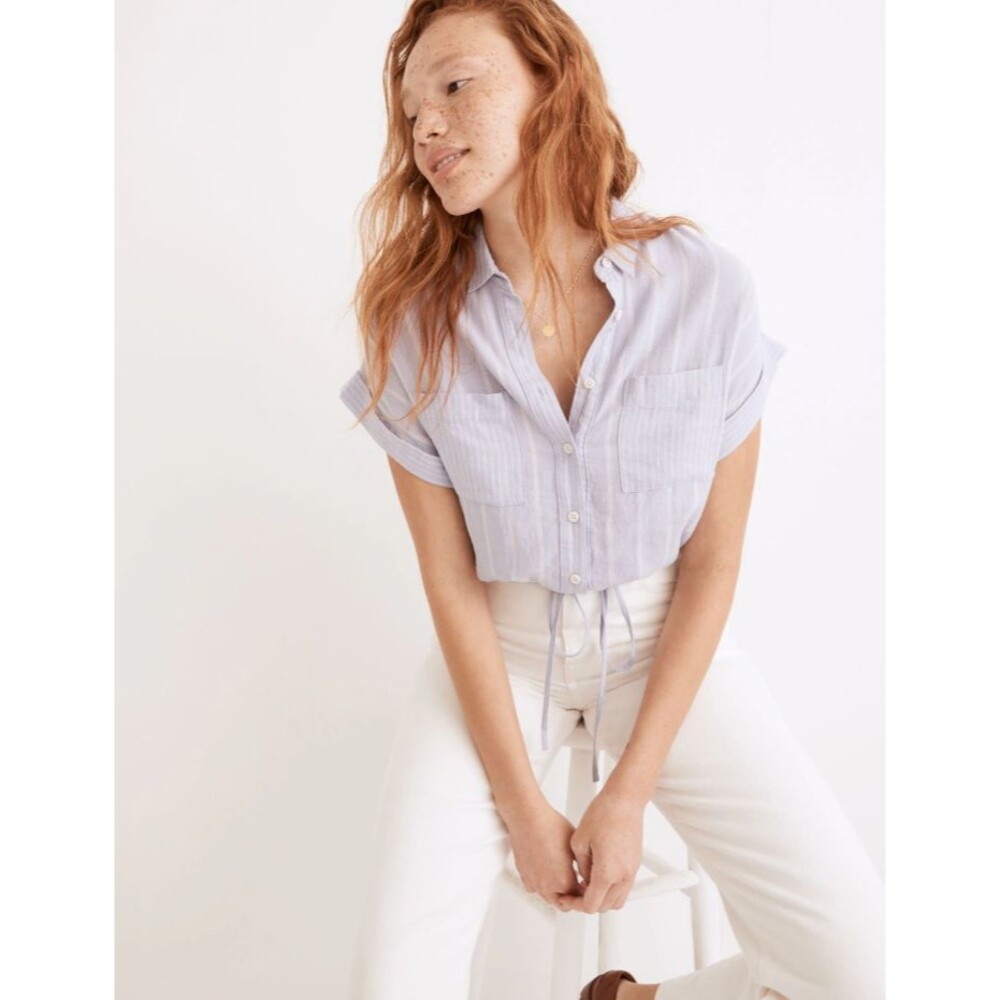 Madewell Small Button Up Drawstring Shirt in Stripe Play Distant Lavender Crop